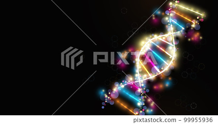 Wireframe DNA molecules structure mesh from a colorful starry on dark background. Science and Technology concept 99955936
