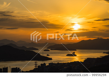 Seto Inland Sea and sunset sky seen from Senkoji Summit Observatory in Onomichi City, Hiroshima Prefecture, Japan 99956294