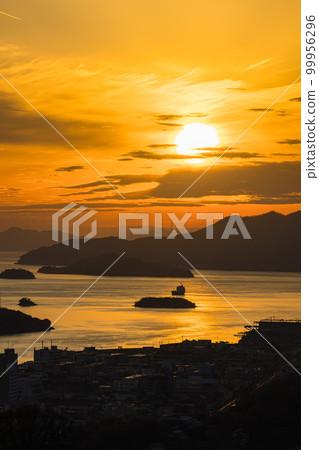 Seto Inland Sea and sunset sky seen from Senkoji Summit Observatory in Onomichi City, Hiroshima Prefecture, Japan 99956296