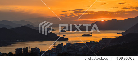 Seto Inland Sea and sunset sky seen from Senkoji Summit Observatory in Onomichi City, Hiroshima Prefecture, Japan 99956305