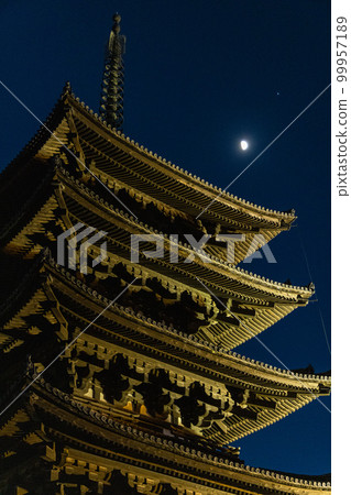 The five-storied pagoda and moon of Kofuku-ji Temple, which is lit up at night in Nara City, Nara Prefecture, Japan The five-storied pagoda and moon of Kofuku-ji Temple, which is lit up at night in Nara City, Nara Prefecture, Japan 99957189
