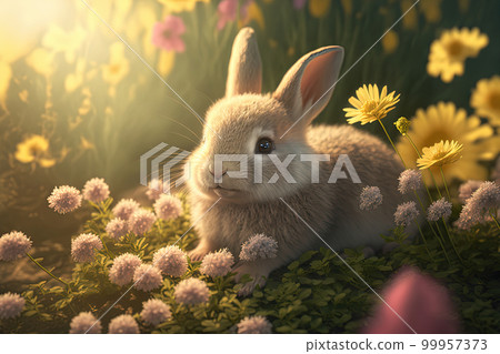 Cute little Easter bunny in grass and flowers. Realistic illustration, design for cards. AI Cute little Easter bunny in grass and flowers. Realistic illustration, design for cards. AI 99957373