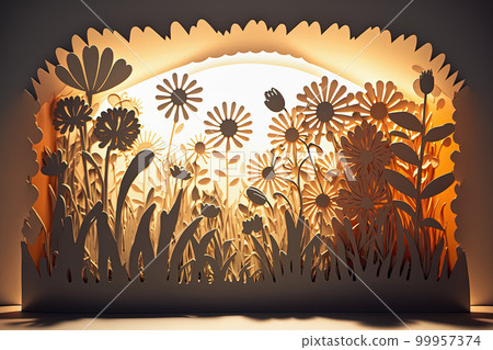 Paper cut spring floral background with blooming flowers. Creative spring design for cards Paper cut spring floral background with blooming flowers. Creative spring design for cards 99957374