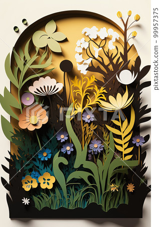 Paper cut spring floral background with blooming flowers. Creative spring design for cards 99957375