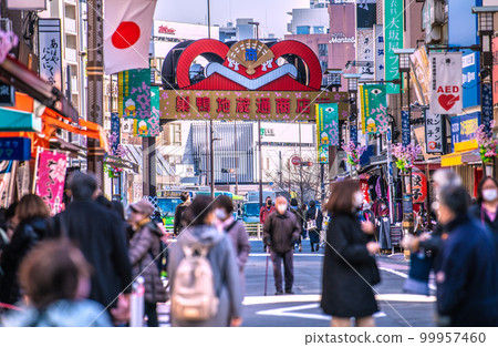 日本東京的城市景觀,俯瞰巢鴨地藏通購物街。後面可以看到JR巢鴨站。 日本東京的城市景觀,俯瞰巢鴨地藏通購物街。後面可以看到JR巢鴨站。 99957460