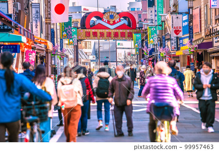 The cityscape of Tokyo, Japan, overlooking the Sugamo Jizo-dori Shopping Street. You can see JR Sugamo Station in the back. The cityscape of Tokyo, Japan, overlooking the Sugamo Jizo-dori Shopping Street. You can see JR Sugamo Station in the back. 99957463