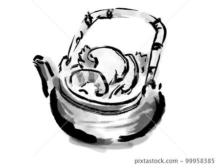 手繪日式土鍋蒸松茸插畫黑白單色單色 99958385