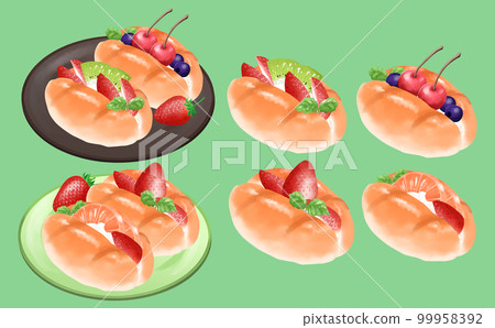 Roll bread fruit sandwich 4 types set Strawberry Kiwi fruit Green background Illustration material Color difference / difference Roll bread fruit sandwich 4 types set Strawberry Kiwi fruit Green background Illustration material Color difference / difference 99958392