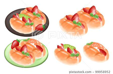 Roll bread fruit sandwich 3 types set Strawberry White background Illustration material Color differences / differences 99958952