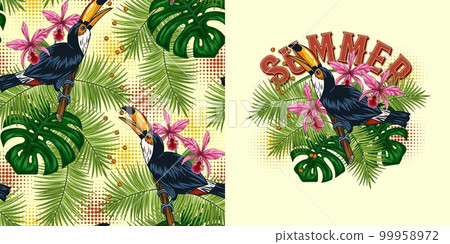 Set of seamless pattern, label with toucan 99958972