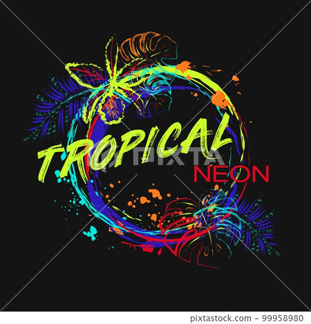 Circular neon label with orchids, tropical foliage Circular neon label with orchids, tropical foliage 99958980