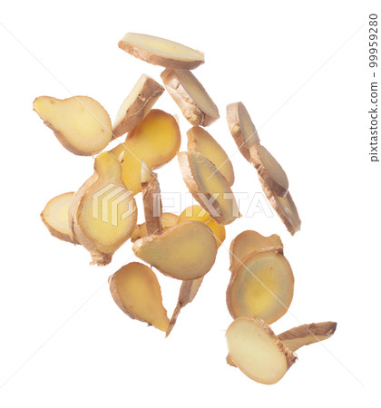 Ginger fall fly in mid air, fresh vegetable spice ginger falling. Organic fresh herbal ginger root head cut chop slice, close up texture. White background isolated freeze motion high speed shutter Ginger fall fly in mid air, fresh vegetable spice ginger falling. Organic fresh herbal ginger root head cut chop slice, close up texture. White background isolated freeze motion high speed shutter 99959280
