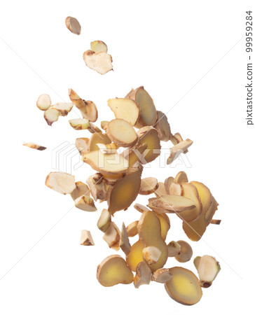 Galangal mix Ginger fall fly in mid air, fresh vegetable spice ginger galangal falling. Organic fresh herbal ginger galangal root head cut chop slice. White background isolated freeze motion 99959284
