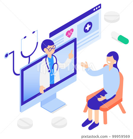 Isometric illustration of online medical consultation with doctor at home Isometric illustration of online medical consultation with doctor at home 99959569