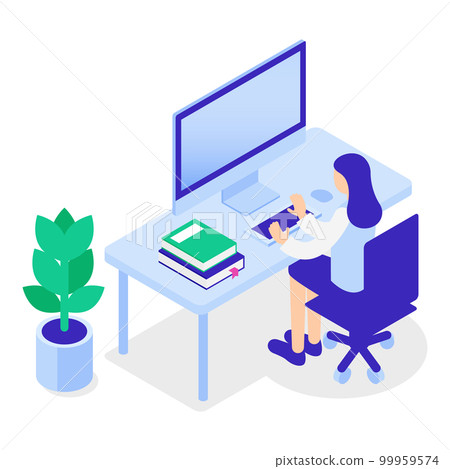 Isometric illustration of a female office staff sitting at a desk and using a computer 99959574