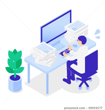 Isometric illustration of a male doctor who has a lot of overtime and work Isometric illustration of a male doctor who has a lot of overtime and work 99959577