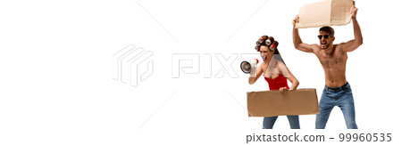 Young man and woman emotionally shouting with cardboard tablets isolated over white background. Gender issues Young man and woman emotionally shouting with cardboard tablets isolated over white background. Gender issues 99960535
