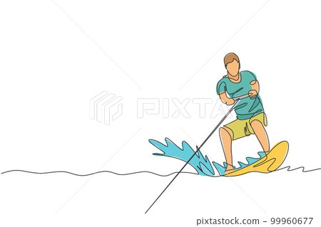 One continuous line drawing of young energetic man fun play wakeboarding in the sea ocean. Healthy lifestyle sport concept. Happy tourist vacation. Dynamic single line draw design vector illustration 99960677