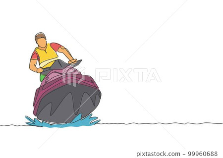 Single continuous line drawing of young sporty tourist man fun playing jet ski in the sea. Extreme dangerous sea sport concept. Summer holiday vacation. Trendy one line draw design vector illustration 99960688