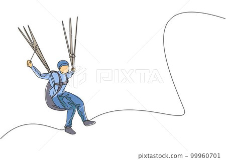 One single line drawing of young sporty man flying with paragliding parachute on the sky vector illustration graphic. Extreme sport concept. Modern continuous line draw design One single line drawing of young sporty man flying with paragliding parachute on the sky vector illustration graphic. Extreme sport concept. Modern continuous line draw design 99960701
