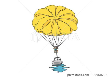 One continuous line drawing of young bravery man flying in sky using parasailing parachute behind a boat. Outdoor dangerous extreme sport concept. Dynamic single line draw design vector illustration 99960706