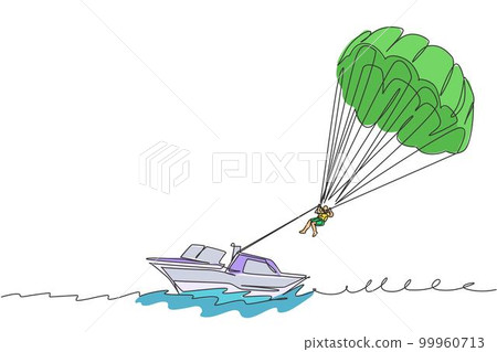 One single line drawing of young sporty man flying with parasailing parachute on the sky pulled by a boat vector graphic illustration. Extreme sport concept. Modern continuous line draw design 99960713