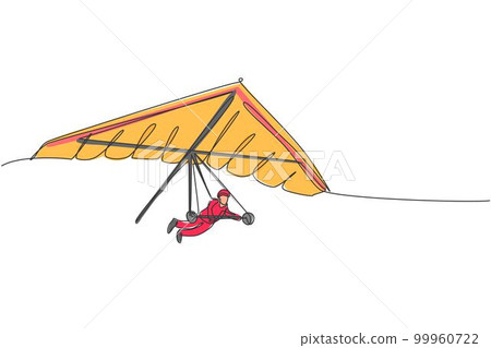 One single line drawing of young sporty man flying with hang gliding parachute on the sky vector graphic illustration. Extreme sport concept. Modern continuous line draw design 99960722