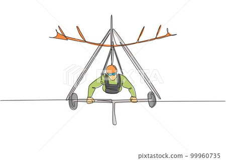 Single continuous line drawing of young tourist man flying with hang gliding parachute on the sky. Extreme vacation holiday sport concept. Trendy one line draw graphic design vector illustration 99960735