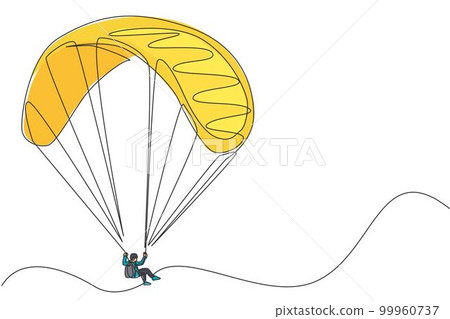 One single line drawing of young sporty man flying with paragliding parachute on the sky vector illustration graphic. Extreme sport concept. Modern continuous line draw design 99960737