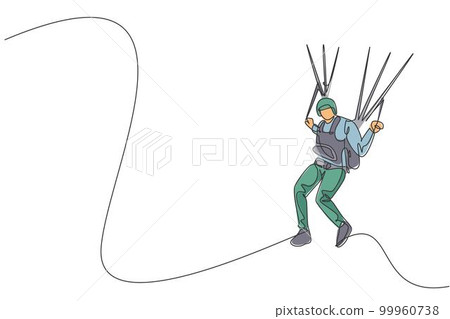 One continuous line drawing of young bravery man flying in the sky using paragliding parachute. Outdoor dangerous extreme sport concept. Dynamic single line draw design graphic vector illustration 99960738