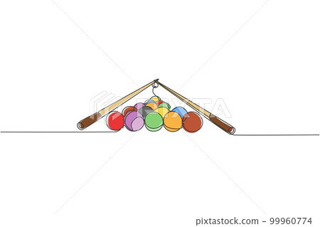 Single continuous line drawing of triangle pyramid balls stack for pool billiards game at billiard room. Indoor sport game concept. Trendy one line draw design vector illustration graphic 99960774