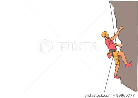 Single continuous line drawing of young muscular rockclimber man climbing hanging on mountain grip. Outdoor active lifestyle and rock climbing concept. Trendy one line draw design vector illustration 99960777