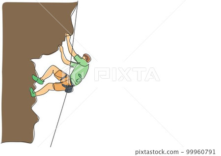 Single continuous line drawing of young muscular rockclimber man climbing hanging on mountain grip. Outdoor active lifestyle and rock climbing concept. Trendy one line draw design vector illustration Single continuous line drawing of young muscular rockclimber man climbing hanging on mountain grip. Outdoor active lifestyle and rock climbing concept. Trendy one line draw design vector illustration 99960791