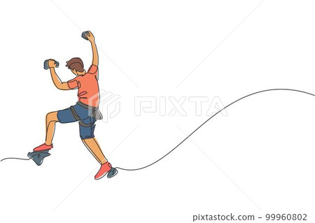 One single line drawing of young active man climbing on cliff mountain holding safety rope vector graphic illustration. Extreme outdoor sport and bouldering concept. Modern continuous line draw design 99960802