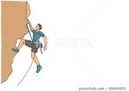 Single continuous line drawing of young muscular rockclimber man climbing hanging on mountain grip. Outdoor active lifestyle and rock climbing concept. Trendy one line draw design vector illustration Single continuous line drawing of young muscular rockclimber man climbing hanging on mountain grip. Outdoor active lifestyle and rock climbing concept. Trendy one line draw design vector illustration 99960803