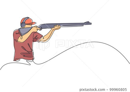 One continuous line drawing young man on shooting training ground practice for competition with rifle gun. Outdoor shooting sport concept. Dynamic single line draw graphic design vector illustration One continuous line drawing young man on shooting training ground practice for competition with rifle gun. Outdoor shooting sport concept. Dynamic single line draw graphic design vector illustration 99960805