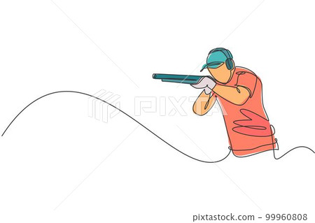 One continuous line drawing of young man on shooting training ground practice for competition with rifle shotgun. Outdoor shooting sport concept. Dynamic single line draw design vector illustration One continuous line drawing of young man on shooting training ground practice for competition with rifle shotgun. Outdoor shooting sport concept. Dynamic single line draw design vector illustration 99960808