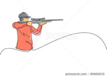 Single continuous line drawing of young athlete man shooter holding gun and training to aim target tactical shooting. Shooting sport training concept. Trendy one line draw design vector illustration Single continuous line drawing of young athlete man shooter holding gun and training to aim target tactical shooting. Shooting sport training concept. Trendy one line draw design vector illustration 99960810