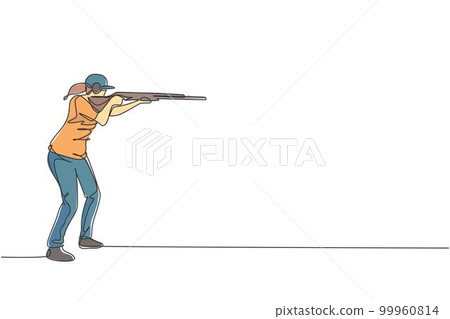 Single continuous line drawing of young athlete woman shooter holding gun and training to aim target tactical shooting. Shooting sport training concept. Trendy one line draw design vector illustration Single continuous line drawing of young athlete woman shooter holding gun and training to aim target tactical shooting. Shooting sport training concept. Trendy one line draw design vector illustration 99960814