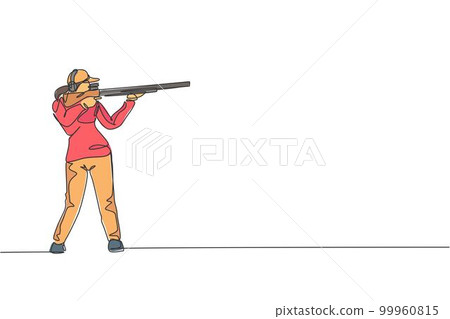 One continuous line drawing of young woman on shooting training ground practice for competition with rifle shotgun. Outdoor shooting sport concept. Dynamic single line draw design vector illustration One continuous line drawing of young woman on shooting training ground practice for competition with rifle shotgun. Outdoor shooting sport concept. Dynamic single line draw design vector illustration 99960815
