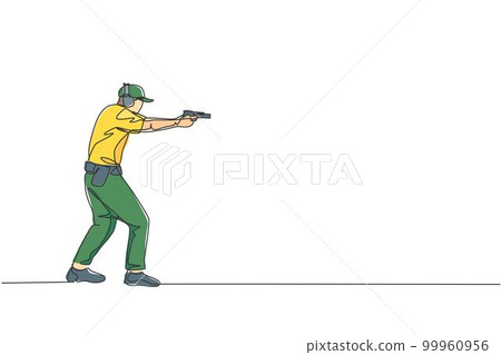 One continuous line drawing of young man on shooting training ground practice for competition with pistol handgun. Outdoor shooting sport concept. Dynamic single line draw design vector illustration One continuous line drawing of young man on shooting training ground practice for competition with pistol handgun. Outdoor shooting sport concept. Dynamic single line draw design vector illustration 99960956
