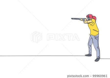 One single line drawing young woman practicing to shot target in range on shooting training ground graphic vector illustration. Clay pigeon shooting sport concept. Modern continuous line draw design One single line drawing young woman practicing to shot target in range on shooting training ground graphic vector illustration. Clay pigeon shooting sport concept. Modern continuous line draw design 99960961