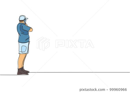 Single continuous line drawing of young athlete man shooter holding gun and training to aim target tactical shooting. Shooting sport training concept. Trendy one line draw design vector illustration Single continuous line drawing of young athlete man shooter holding gun and training to aim target tactical shooting. Shooting sport training concept. Trendy one line draw design vector illustration 99960966