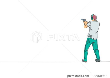 Single continuous line drawing of young athlete man shooter holding gun and training to aim target tactical shooting. Shooting sport training concept. Trendy one line draw design vector illustration 99960968