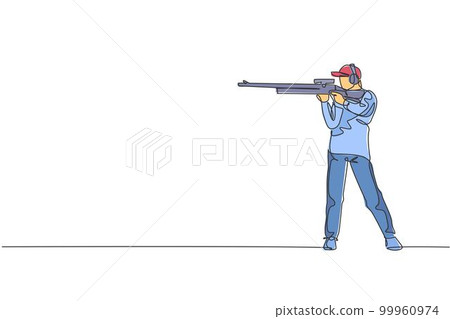One continuous line drawing young man on shooting training ground practice for competition with rifle gun. Outdoor shooting sport concept. Dynamic single line draw graphic design vector illustration One continuous line drawing young man on shooting training ground practice for competition with rifle gun. Outdoor shooting sport concept. Dynamic single line draw graphic design vector illustration 99960974