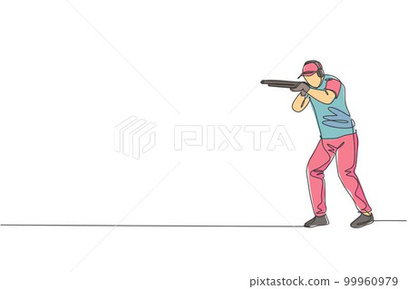 One continuous line drawing of young man on shooting training ground practice for competition with rifle shotgun. Outdoor shooting sport concept. Dynamic single line draw design vector illustration 99960979