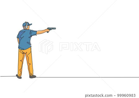 One continuous line drawing of young man on shooting training ground practice for competition with pistol handgun. Outdoor shooting sport concept. Dynamic single line draw design vector illustration One continuous line drawing of young man on shooting training ground practice for competition with pistol handgun. Outdoor shooting sport concept. Dynamic single line draw design vector illustration 99960983