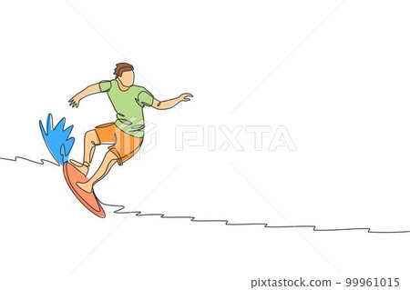 One single line drawing of young sporty surfer man riding on big waves in surfing beach paradise vector illustration graphic. Extreme water sport concept. Modern continuous line draw design 99961015