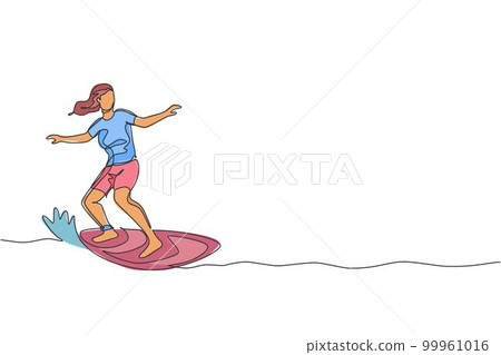 One continuous line drawing young happy tourist surfer exercising surfing on wavy ocean. Healthy extreme watersport concept. Summer holiday. Dynamic single line draw design vector graphic illustration One continuous line drawing young happy tourist surfer exercising surfing on wavy ocean. Healthy extreme watersport concept. Summer holiday. Dynamic single line draw design vector graphic illustration 99961016
