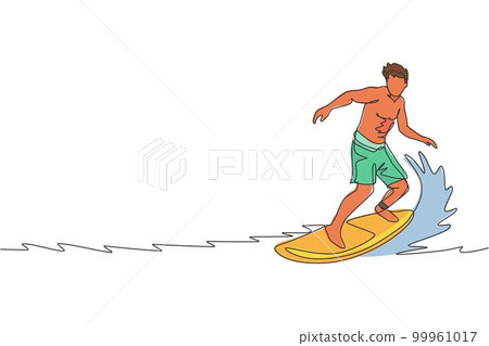 One continuous line drawing young happy tourist surfer exercising surfing on wavy ocean. Healthy extreme watersport concept. Summer holiday. Dynamic single line draw design vector illustration graphic 99961017